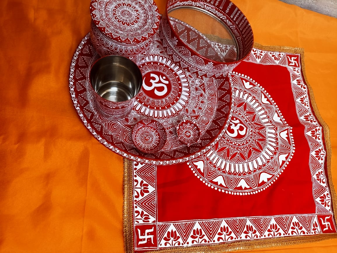  Aipan Karwachauth Thali Combo |Stainless Steel Thali Set |Traditional Pooja Thalis of Uttarakhand |