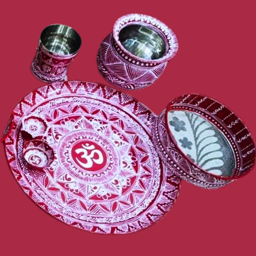 Aipan Karwachauth Thali Combo |Stainless Steel Thali Set |Traditional Pooja Thalis of Uttarakhand |